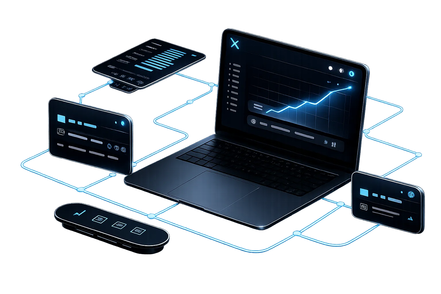 3D render of a laptop with glowing blue connections linking floating dashboard and app screens TheArkTech builds